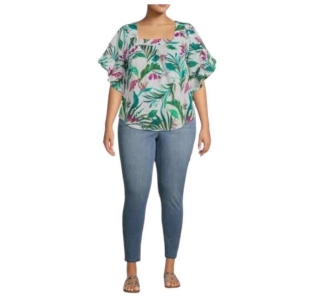 New Terra & Sky Women's Cotton Purple Tropical Peasant Top Plus 1X 16-18